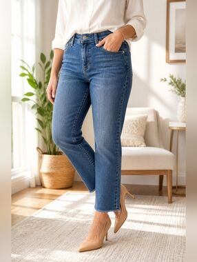 JAG Ruby Straight Crop Jeans Sz 16/26 High Rise Stretch Raw Hem Mediumwash Denim